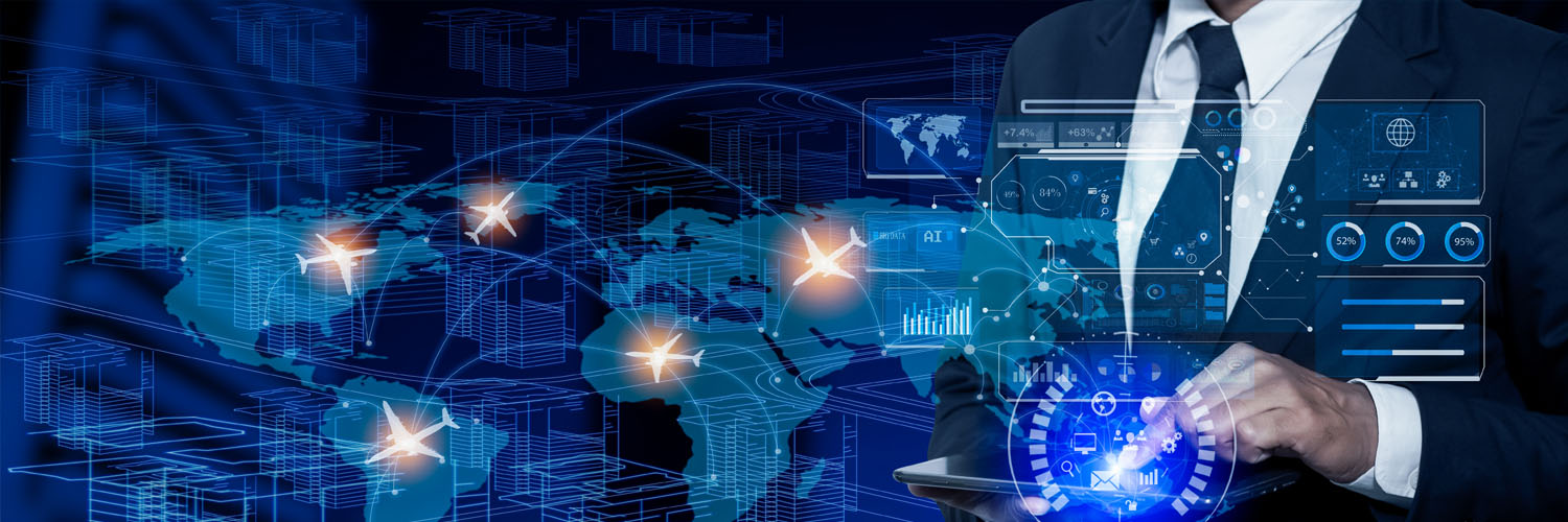 Carte du monde stylisée avec les principaux aéroports et volumes de trafic indiqués
